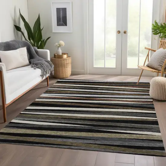Black Brown And Ivory Striped Washable Area Rug With UV Protection Photo 5