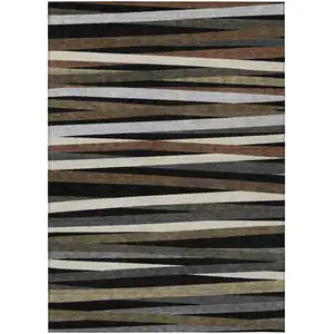 Photo of Black Brown And Ivory Striped Washable Indoor Outdoor Area Rug