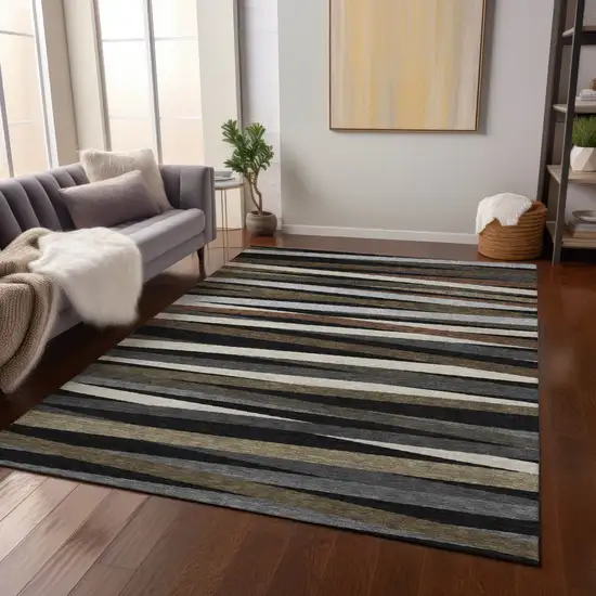 Black Brown And Ivory Striped Washable Indoor Outdoor Area Rug Photo 8