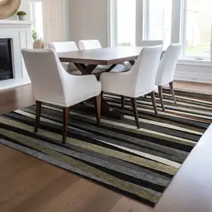 Photo of Black Brown And Ivory Striped Washable Indoor Outdoor Area Rug
