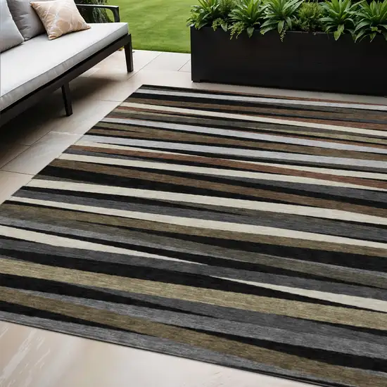 Black Brown And Ivory Striped Washable Indoor Outdoor Area Rug Photo 1