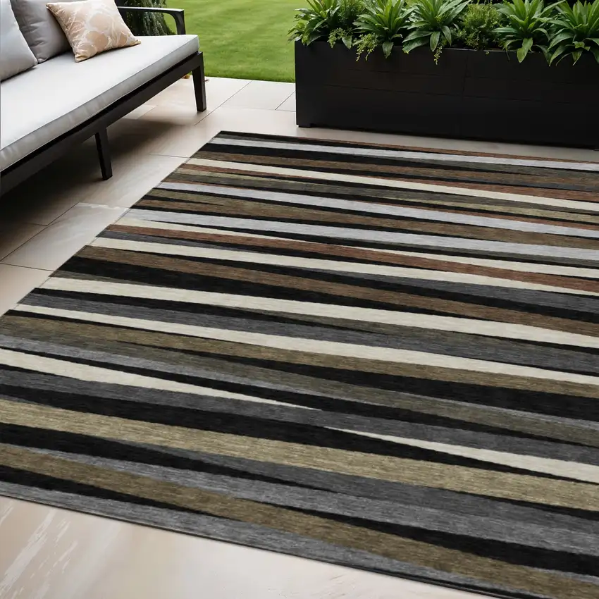 Black Brown And Ivory Striped Washable Indoor Outdoor Area Rug Photo 1