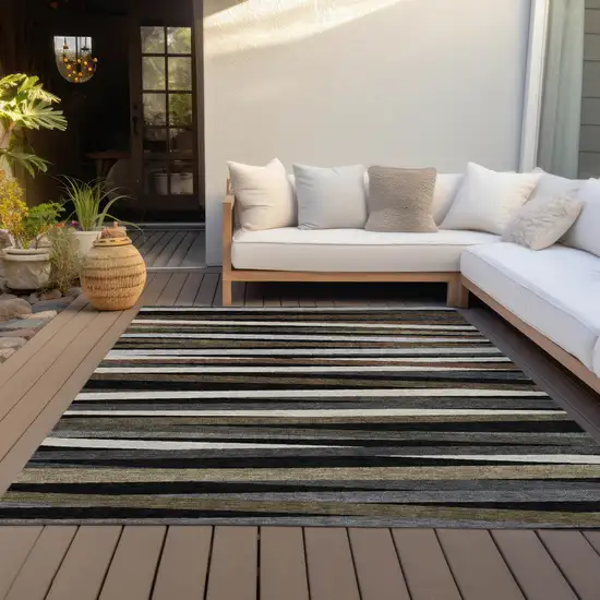 Black Brown And Ivory Striped Washable Indoor Outdoor Area Rug Photo 7