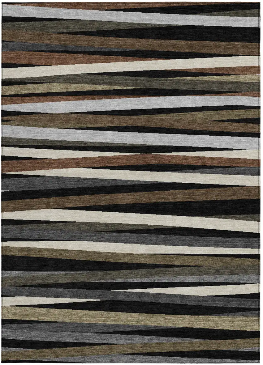 Black Brown And Ivory Striped Washable Indoor Outdoor Area Rug Photo 6