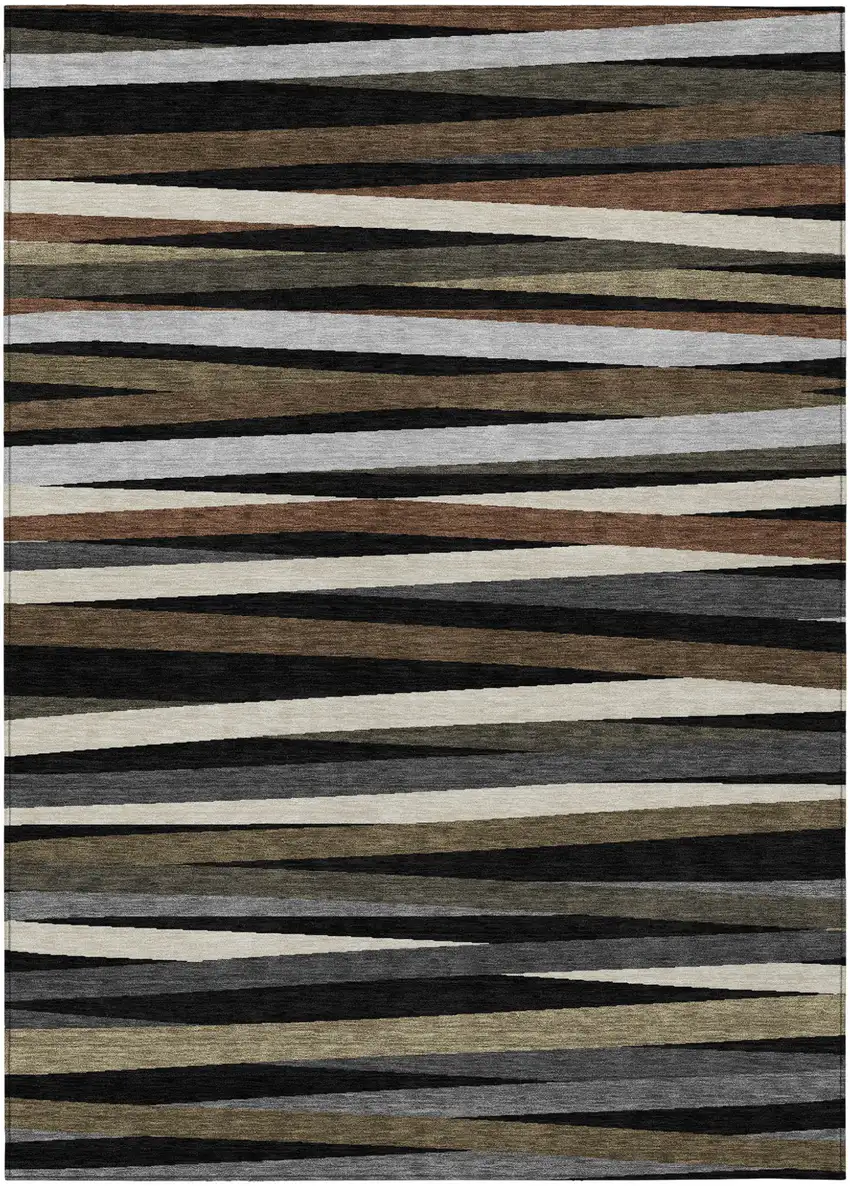 Black Brown And Ivory Striped Washable Indoor Outdoor Area Rug Photo 2