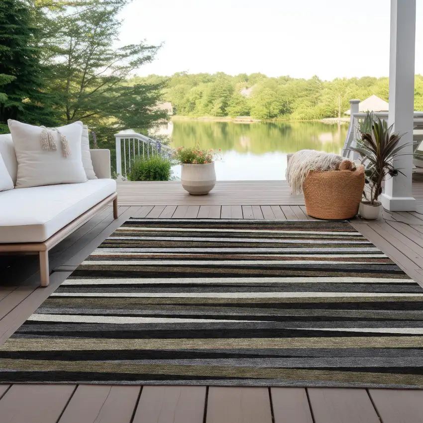 Black Brown And Ivory Striped Washable Indoor Outdoor Area Rug Photo 9