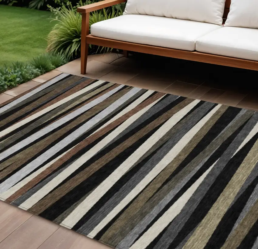 Black Brown And Ivory Striped Washable Indoor Outdoor Area Rug Photo 1