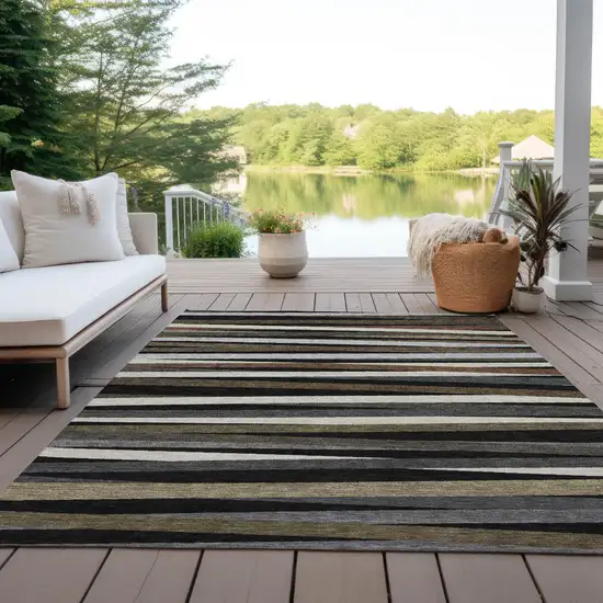 Black Brown And Ivory Striped Washable Indoor Outdoor Area Rug Photo 9