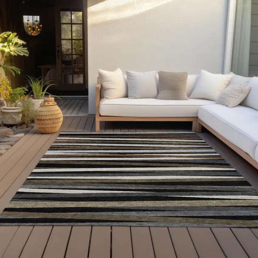 Black Brown And Ivory Striped Washable Indoor Outdoor Area Rug Photo 7