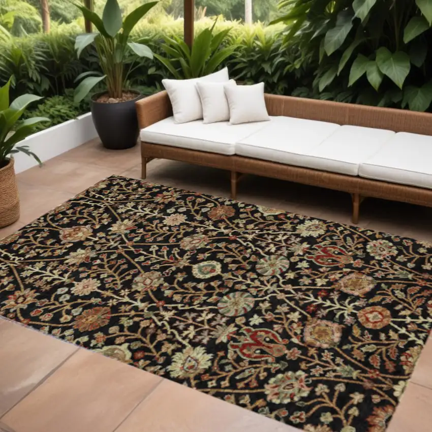 Black Brown And Red Floral Washable Indoor Outdoor Area Rug Photo 1