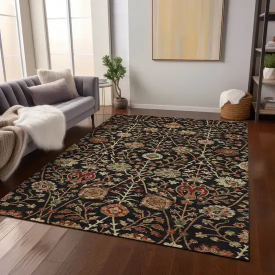 Black Brown And Red Floral Washable Indoor Outdoor Area Rug Photo 8