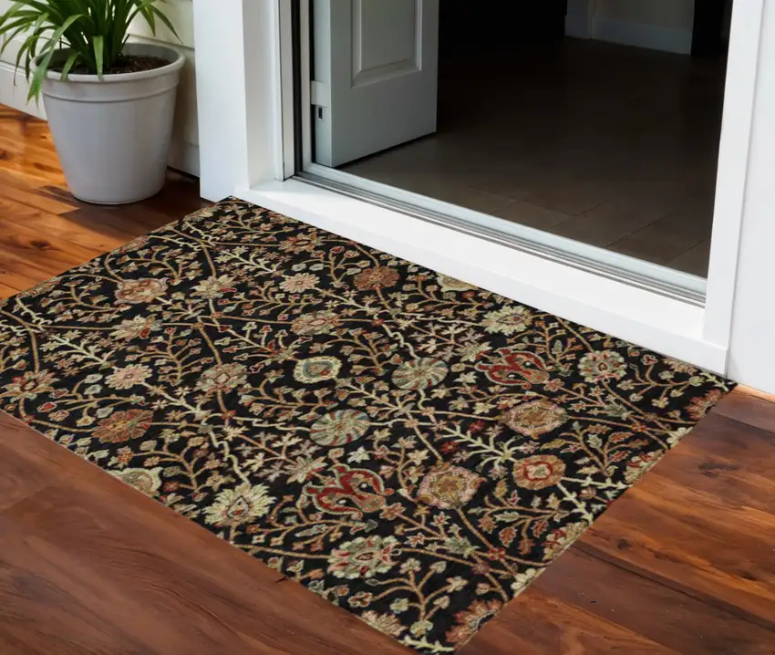 Black Brown And Red Floral Washable Indoor Outdoor Area Rug Photo 2