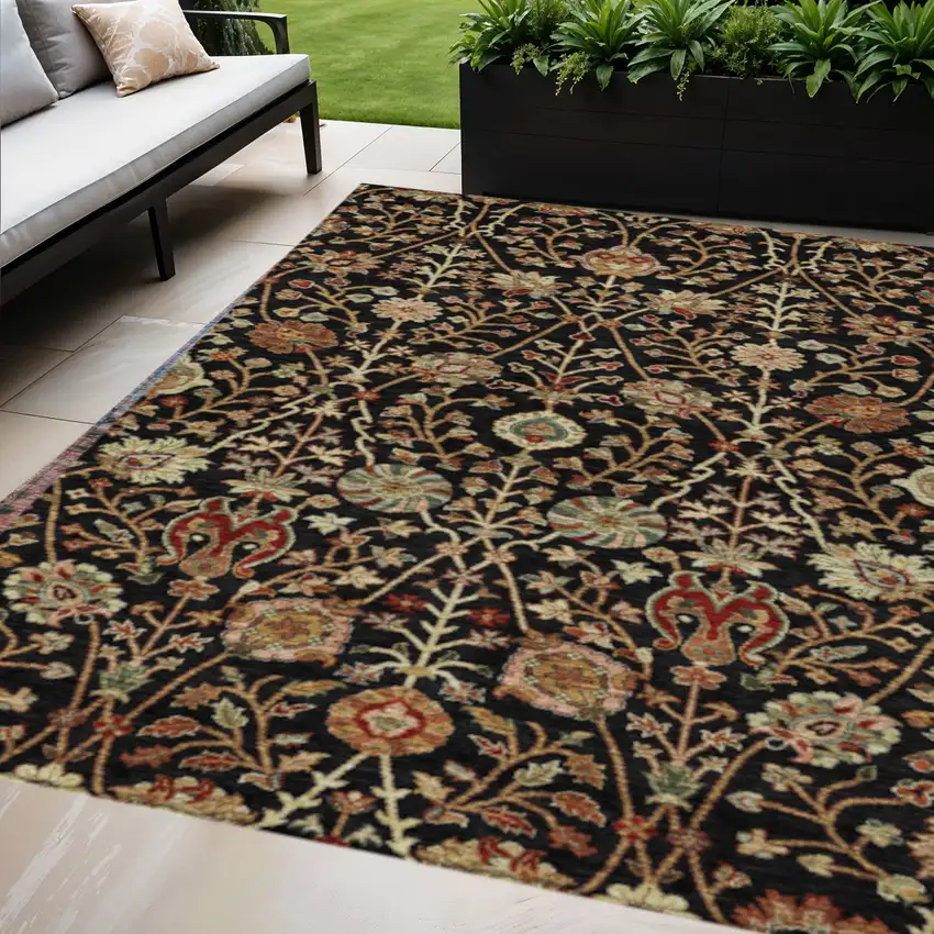 Black Brown And Red Floral Washable Indoor Outdoor Area Rug Photo 1
