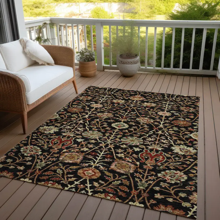 Black Brown And Red Floral Washable Indoor Outdoor Area Rug Photo 8