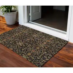 Photo of Black Brown And Red Floral Washable Indoor Outdoor Area Rug