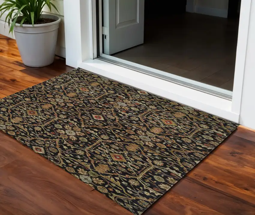 Black Brown And Red Floral Washable Indoor Outdoor Area Rug Photo 1