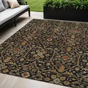 Photo of Black Brown And Red Floral Washable Indoor Outdoor Area Rug