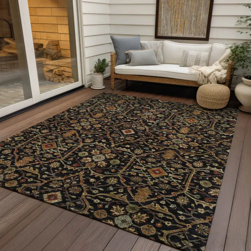 Black Brown And Red Floral Washable Indoor Outdoor Area Rug Photo 7