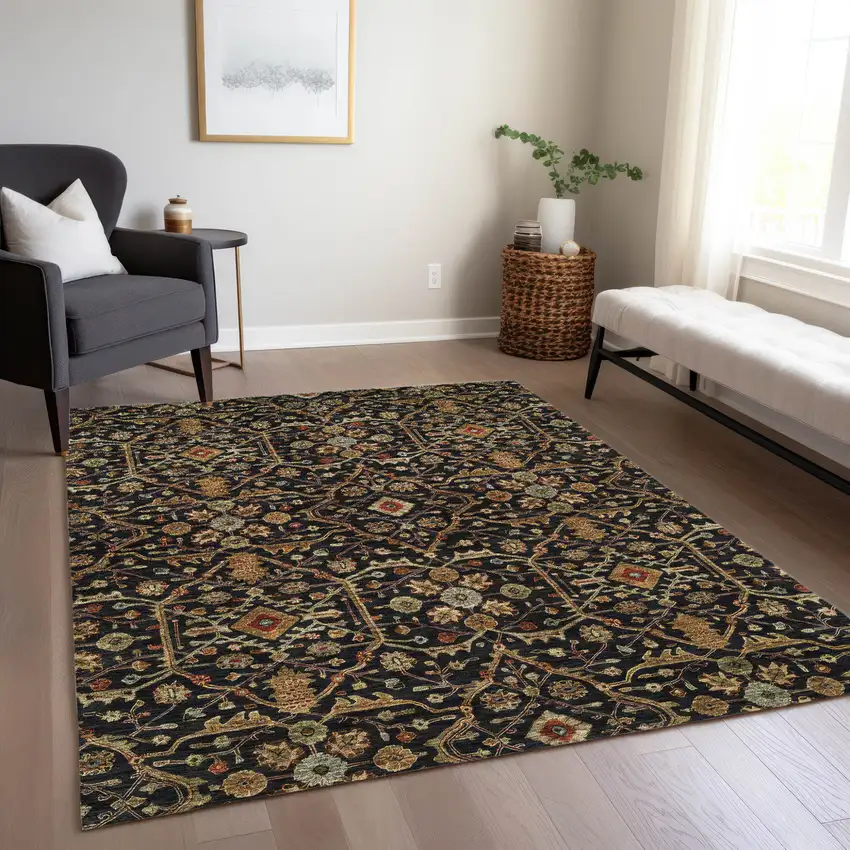 Black Brown And Red Floral Washable Indoor Outdoor Area Rug Photo 9