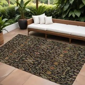 Photo of Black Brown And Red Floral Washable Indoor Outdoor Area Rug