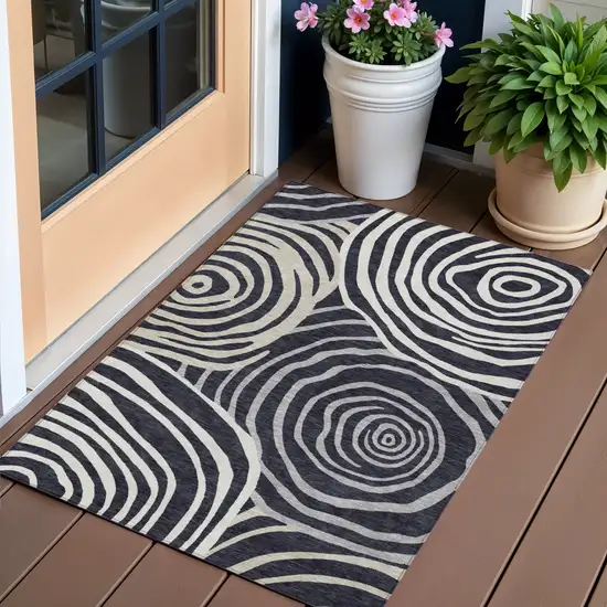 Black Charcoal And Gray Abstract Washable Indoor Outdoor Area Rug Photo 1