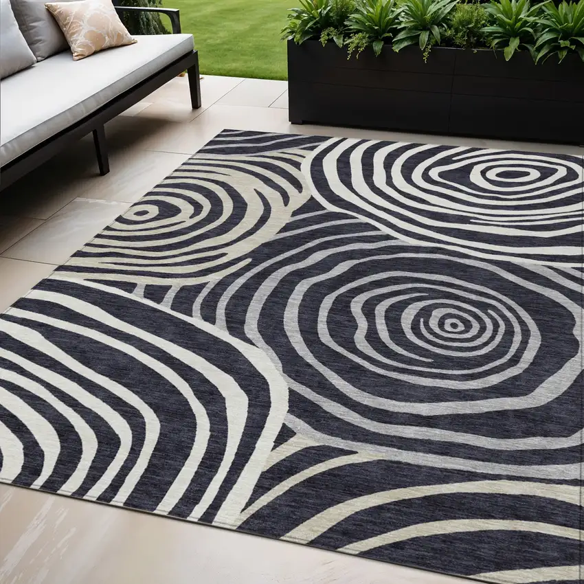 Black Charcoal And Gray Abstract Washable Indoor Outdoor Area Rug Photo 1