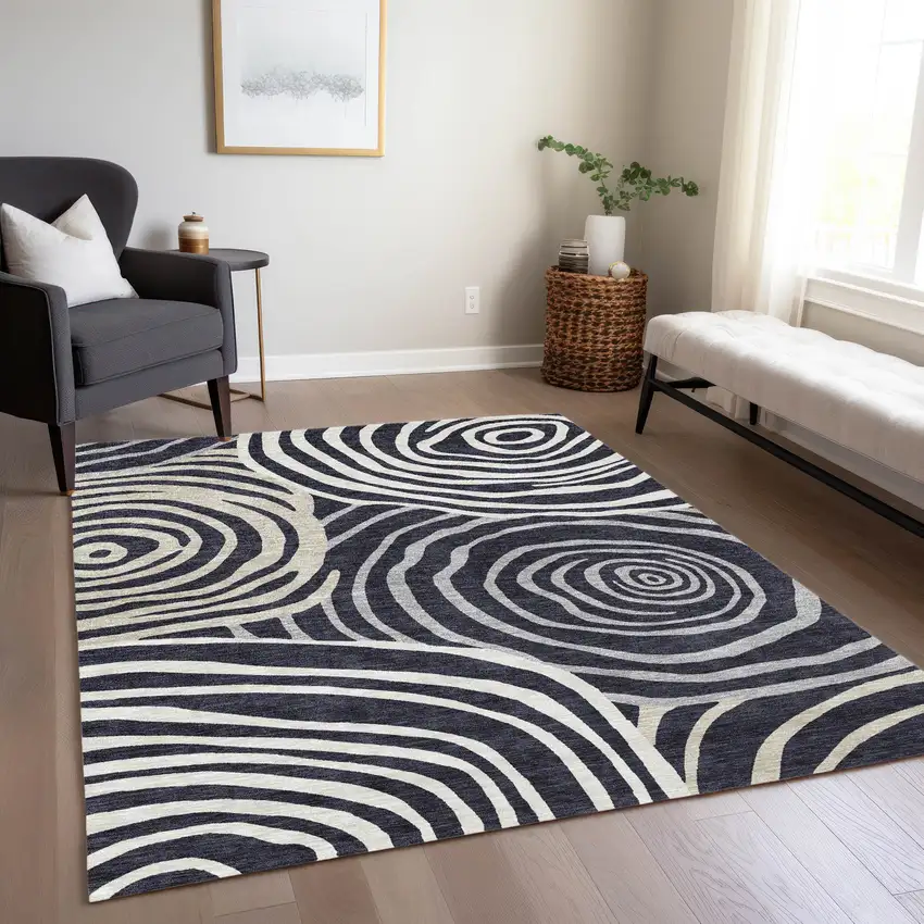 Black Charcoal And Gray Abstract Washable Indoor Outdoor Area Rug Photo 9
