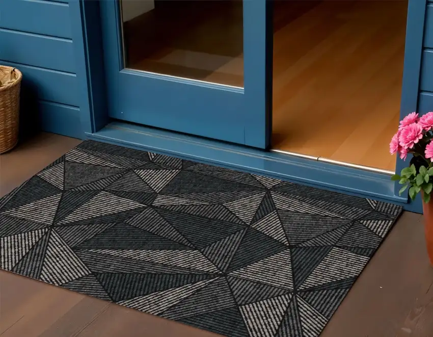 Black Charcoal And Gray Geometric Washable Indoor Outdoor Area Rug Photo 1