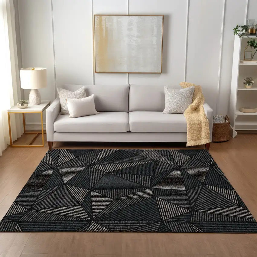 Black Charcoal And Gray Geometric Washable Indoor Outdoor Area Rug Photo 8