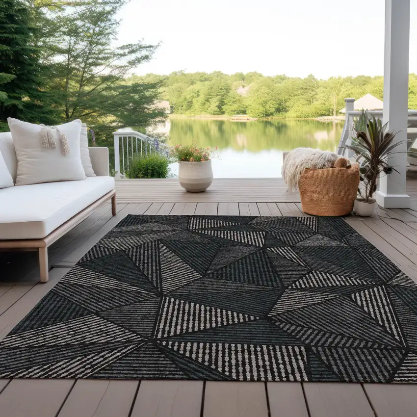 Black Charcoal And Gray Geometric Washable Indoor Outdoor Area Rug Photo 9
