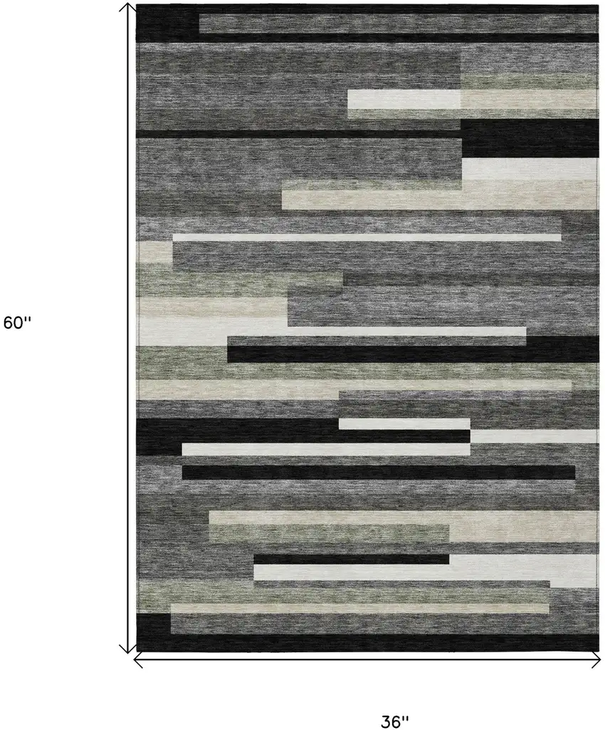 Black Charcoal And Gray Striped Washable Indoor Outdoor Area Rug Photo 7