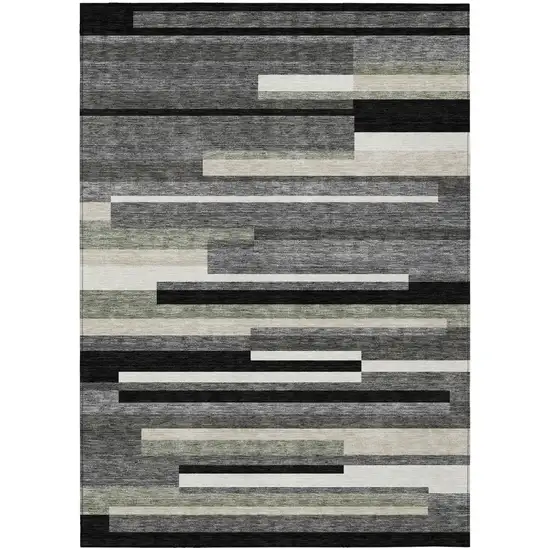 Black Charcoal And Gray Striped Washable Indoor Outdoor Area Rug Photo 2