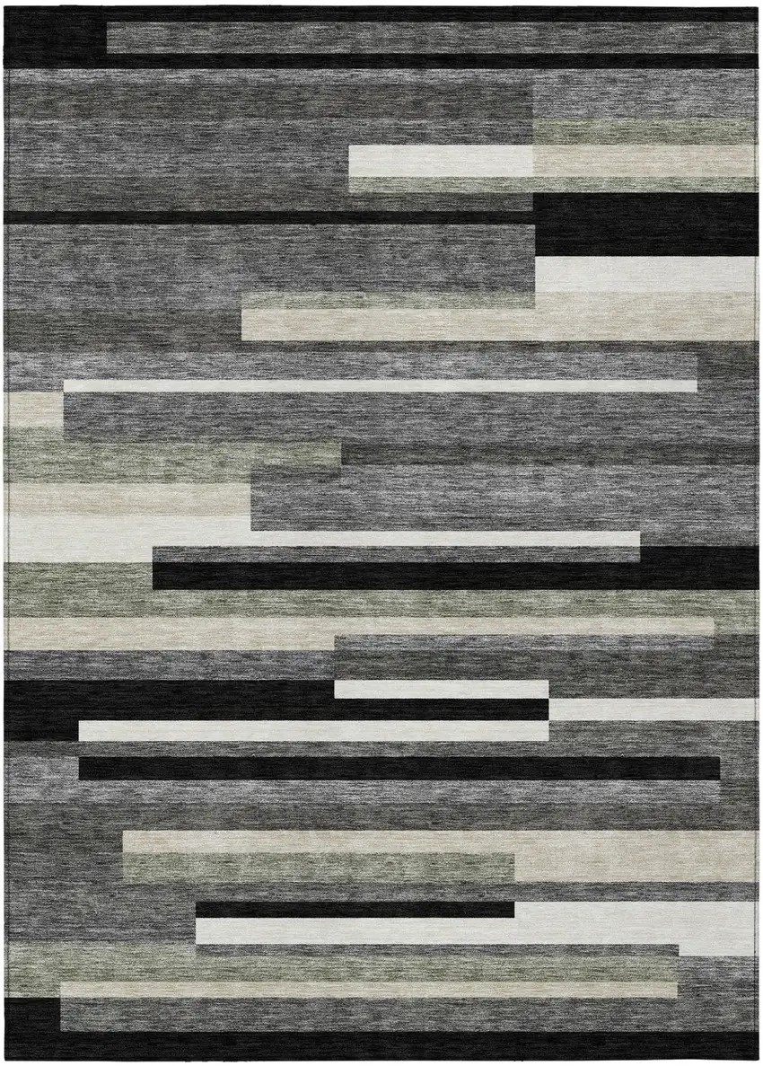Black Charcoal And Gray Striped Washable Indoor Outdoor Area Rug Photo 2