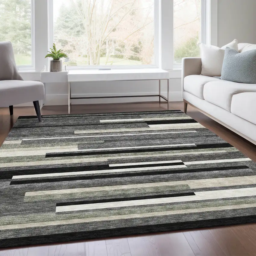 Black Charcoal And Gray Striped Washable Indoor Outdoor Area Rug Photo 8