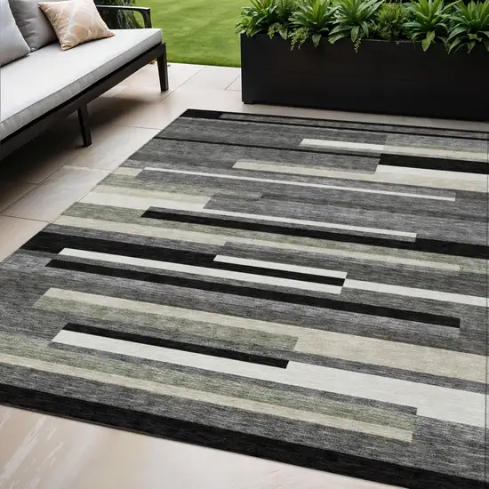Black Charcoal And Gray Striped Washable Indoor Outdoor Area Rug Photo 1