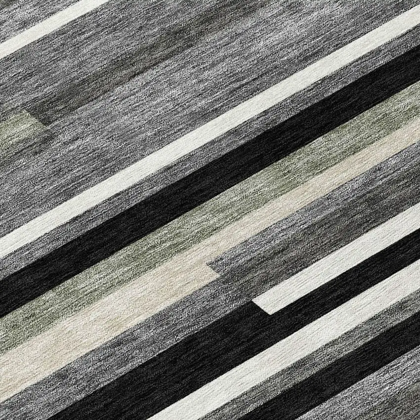 Black Charcoal And Gray Striped Washable Indoor Outdoor Area Rug Photo 8