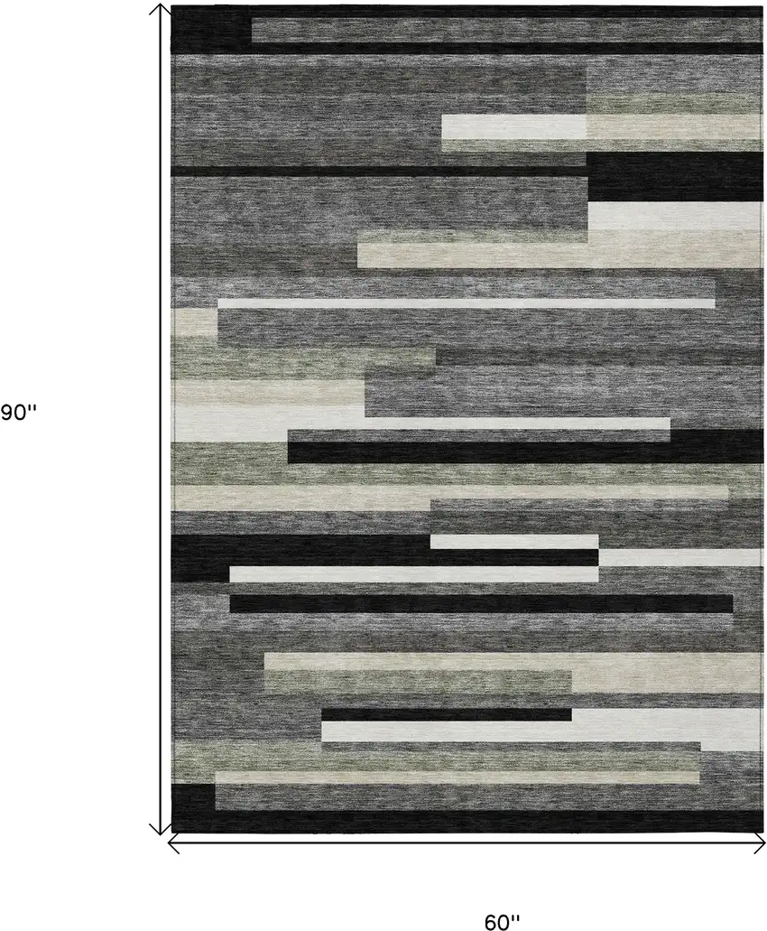 Black Charcoal And Gray Striped Washable Indoor Outdoor Area Rug Photo 3