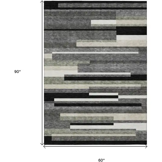 Black Charcoal And Gray Striped Washable Indoor Outdoor Area Rug Photo 3