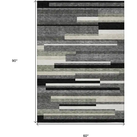Black Charcoal And Gray Striped Washable Indoor Outdoor Area Rug Photo 3