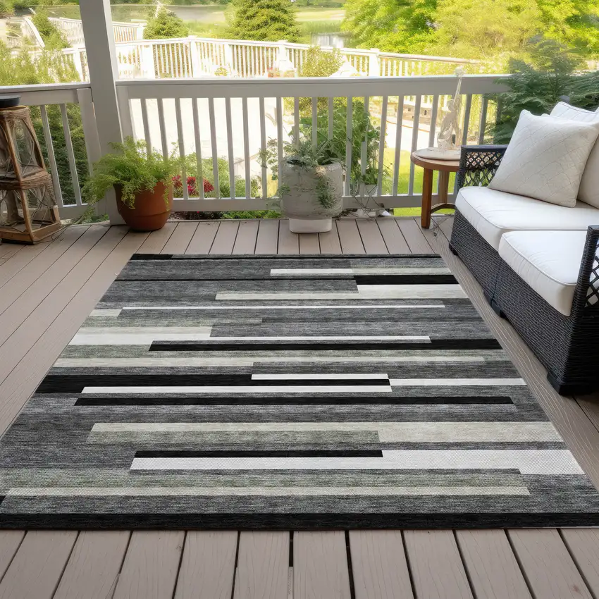 Black Charcoal And Gray Striped Washable Indoor Outdoor Area Rug Photo 5