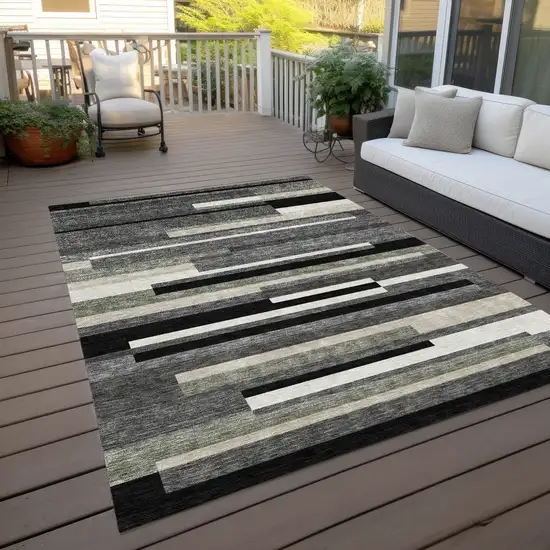 Black Charcoal And Gray Striped Washable Indoor Outdoor Area Rug Photo 8