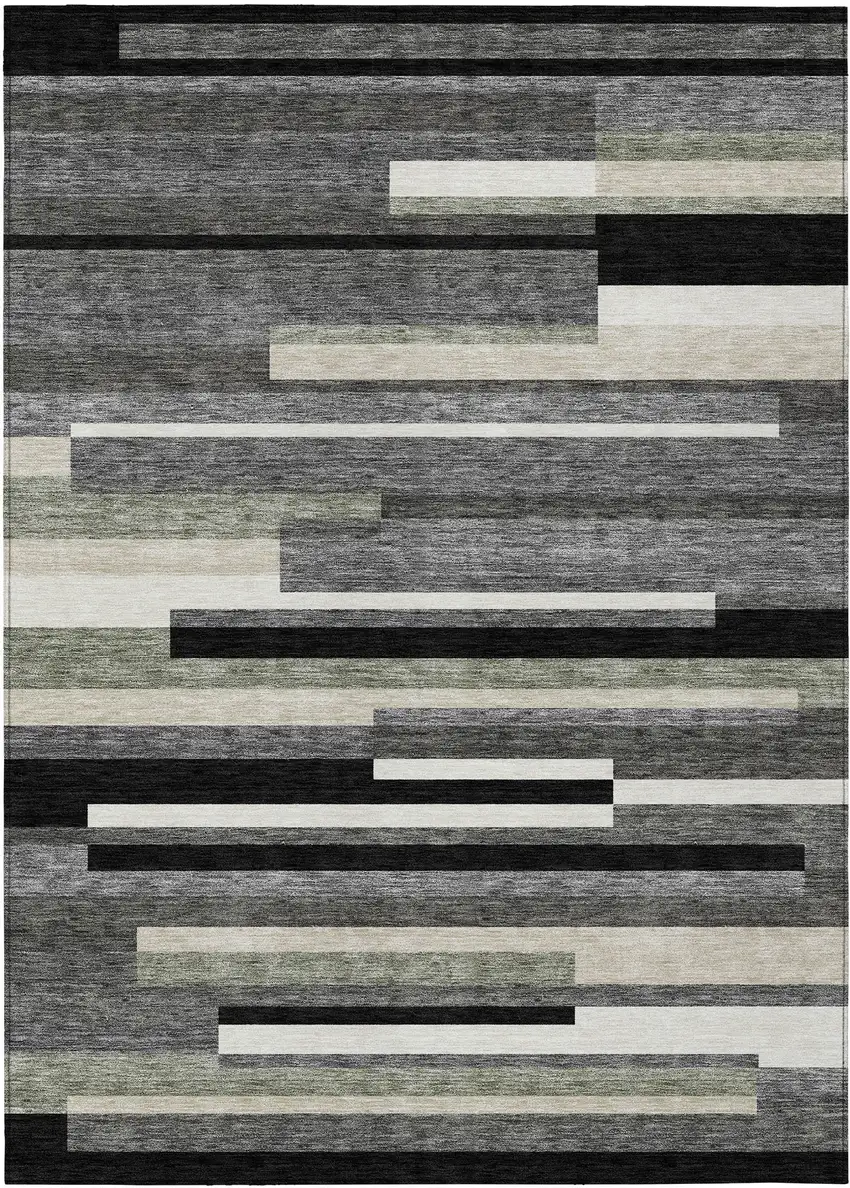 Black Charcoal And Gray Striped Washable Indoor Outdoor Area Rug Photo 1