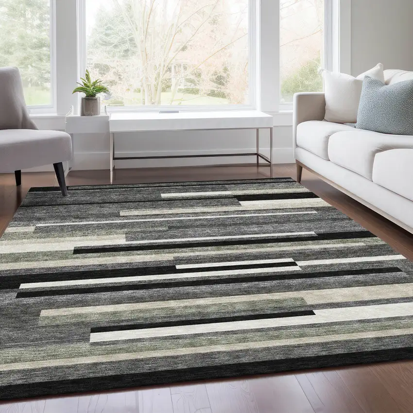 Black Charcoal And Gray Striped Washable Indoor Outdoor Area Rug Photo 6