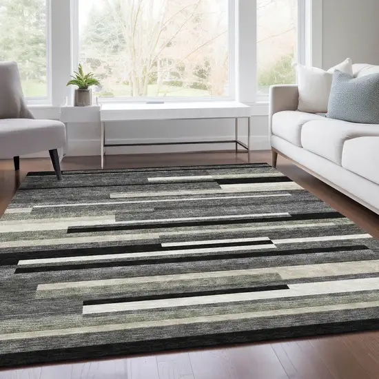 Black Charcoal And Gray Striped Washable Indoor Outdoor Area Rug Photo 6