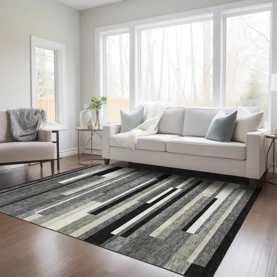 Black Charcoal And Gray Striped Washable Indoor Outdoor Area Rug Photo 7