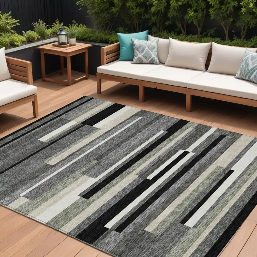 Black Charcoal And Gray Striped Washable Indoor Outdoor Area Rug Photo 1