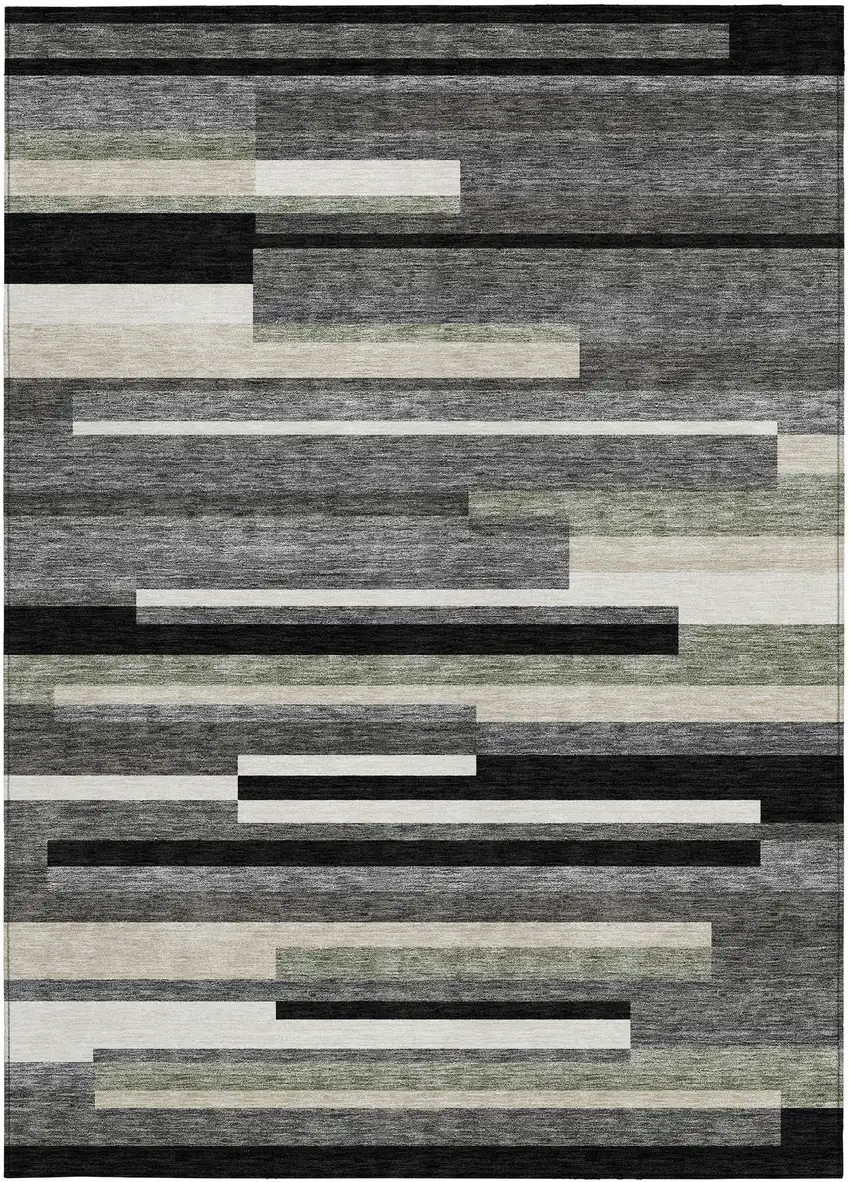 Black Charcoal And Gray Striped Washable Indoor Outdoor Area Rug Photo 4