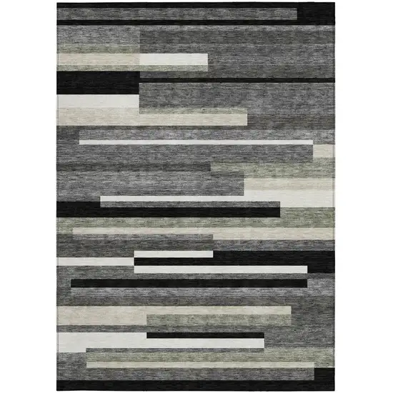 Black Charcoal And Gray Striped Washable Indoor Outdoor Area Rug Photo 4