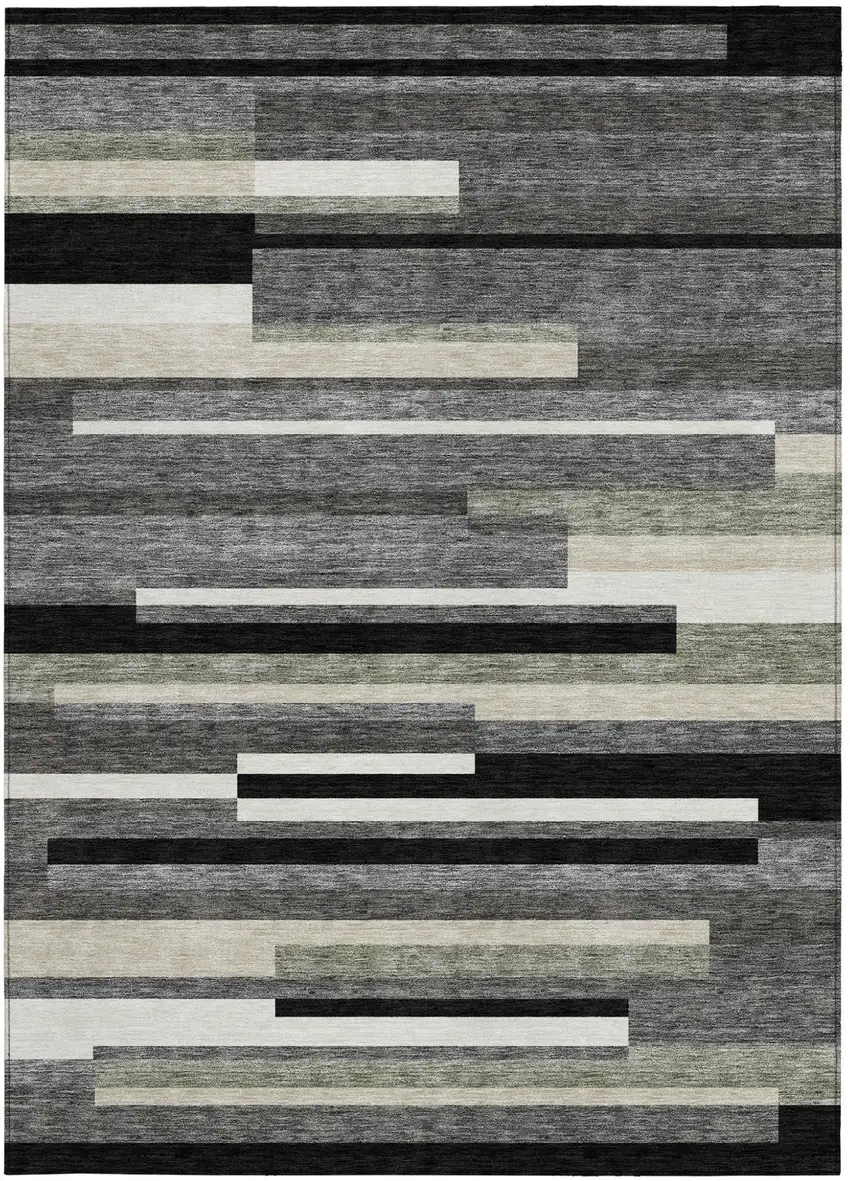 Black Charcoal And Gray Striped Washable Indoor Outdoor Area Rug Photo 4