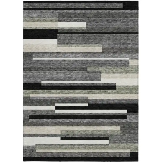 Black Charcoal And Gray Striped Washable Indoor Outdoor Area Rug Photo 4